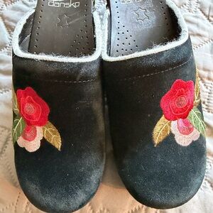 Dansko Black Mules with Red Floral Embroidery